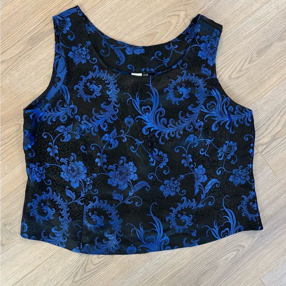 Black and Blue Floral Brocade Sleeveless Crop Top